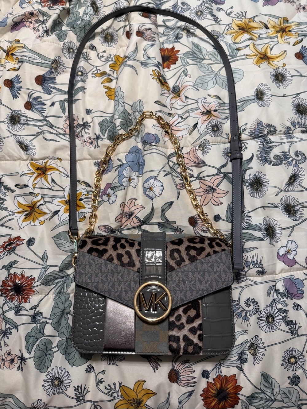 Authentic Michael Kors Carmen Gray Leopard Patchwork Shoulder Bag w/ Gold Chain
